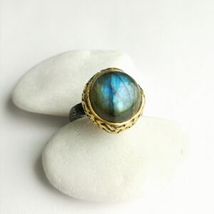 Labradorite Sterling Silver 14k Gold Ring Size 8